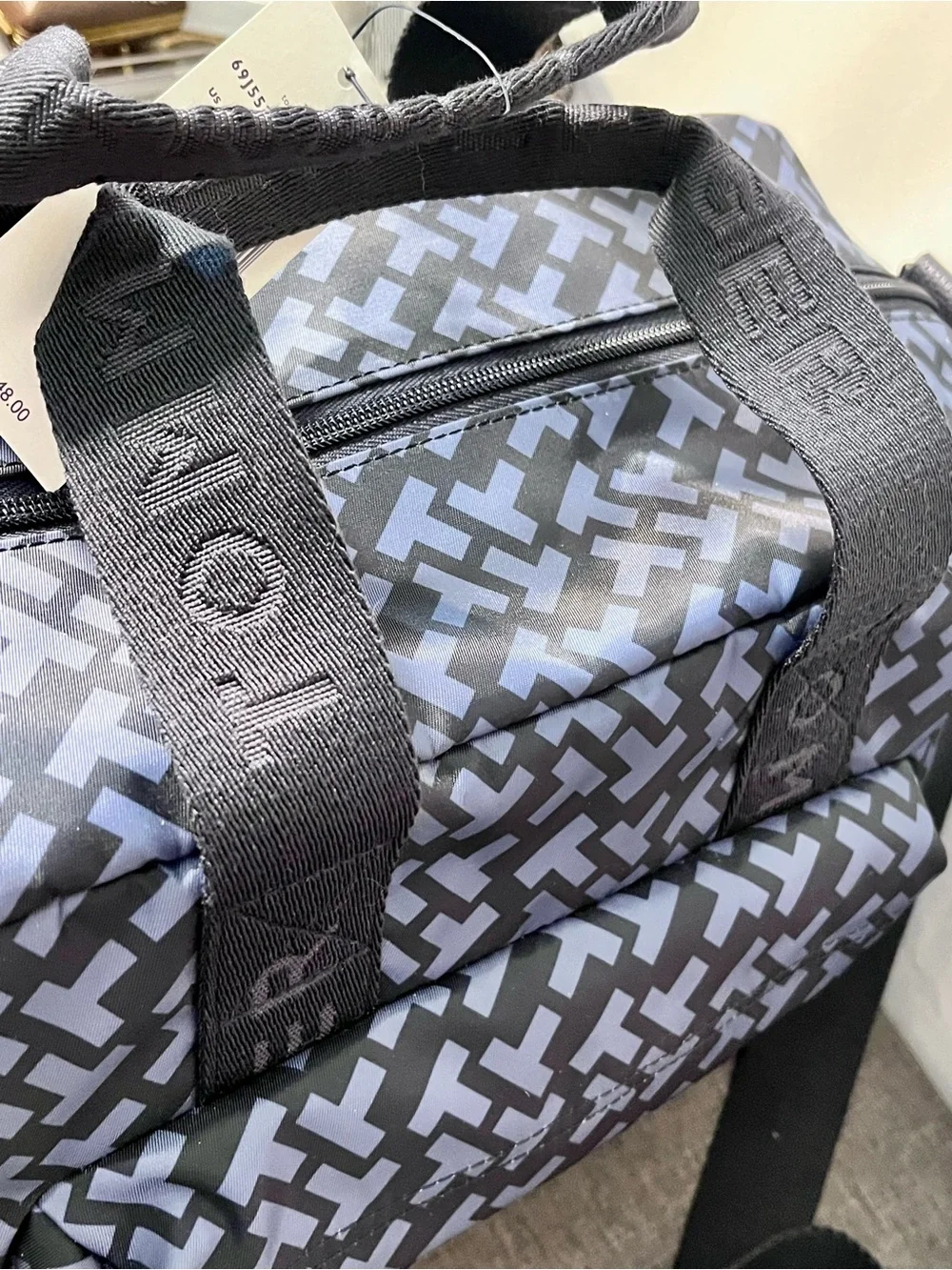 NWT Tommy Hilfiger Navy and Black Geometric Duffel Bag retail tag: $148